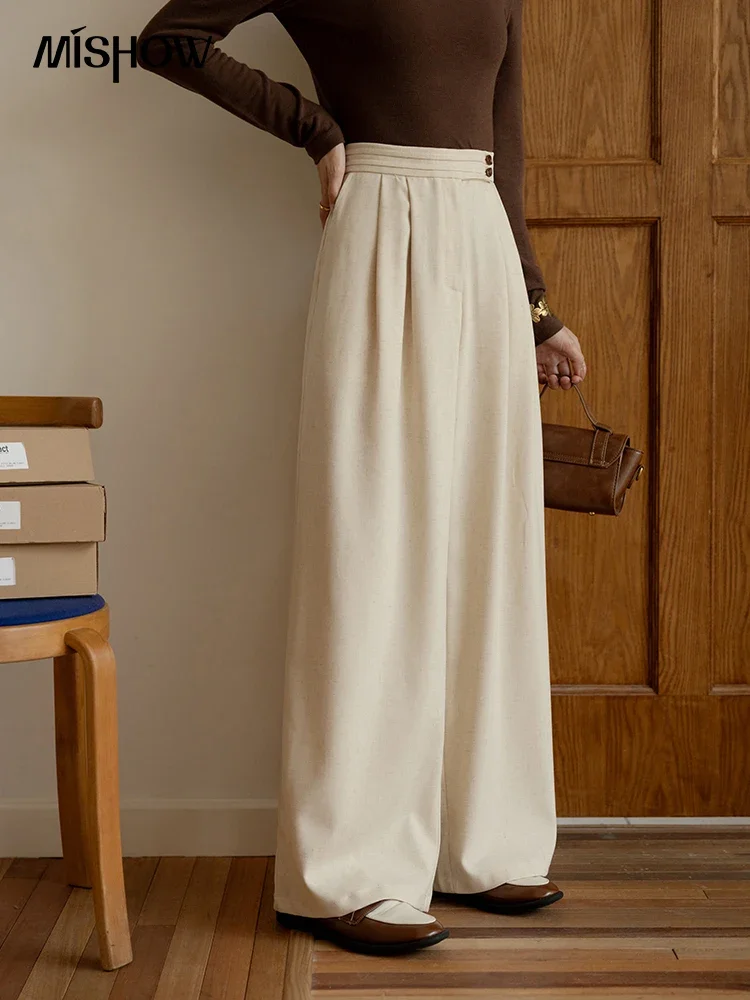 MISHOW Casual Linen Blended Wide Leg Pants Women Autumn 2024 High Waist Trousers Loose Back Elastic Waist Solid Pants MXD44K0762