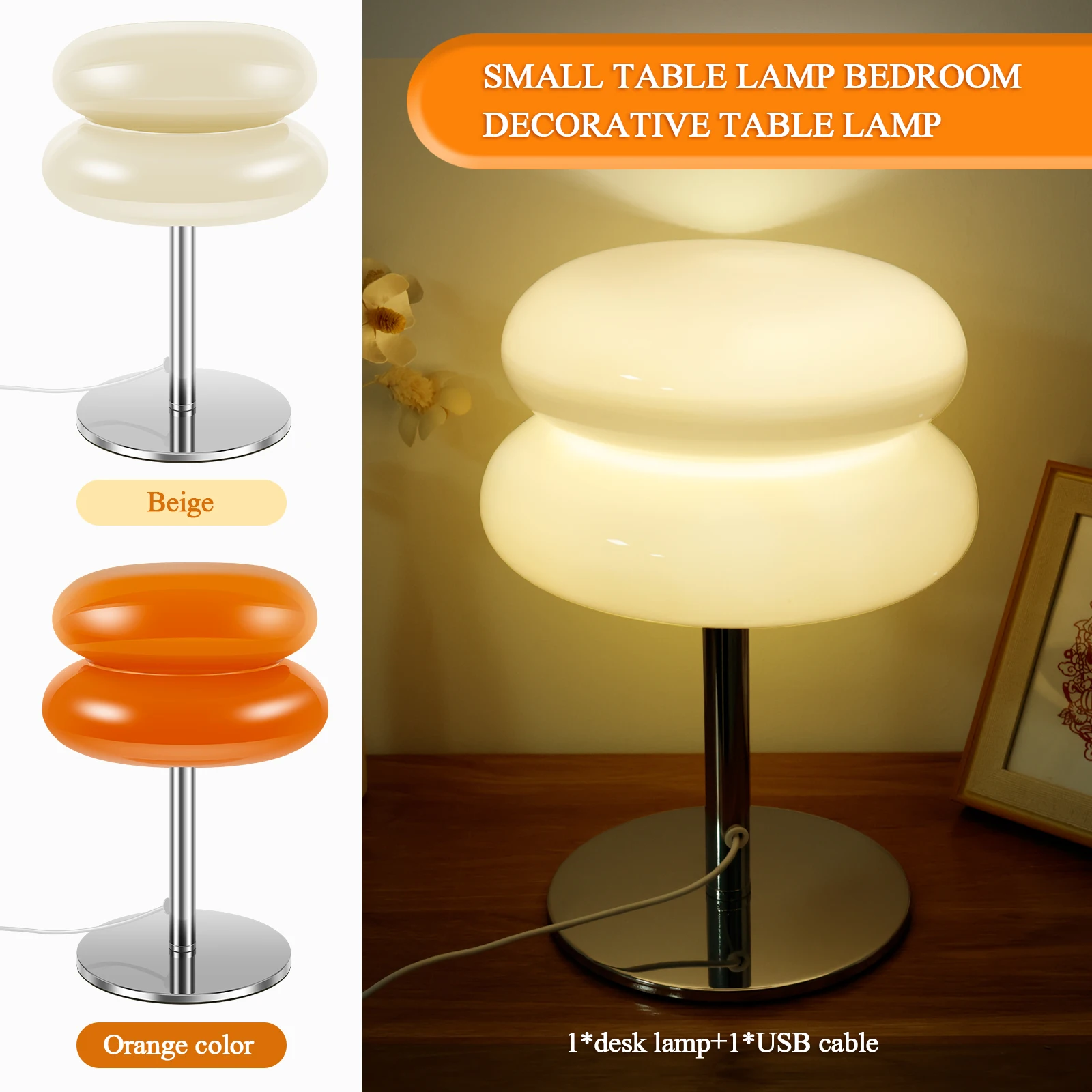 Glass Table Lamp Modern Egg Tart Lamp Retro Cute Desk Lamp with 3 Color Dimmable Modes Funky Bedside Table Lamp for Bedroom