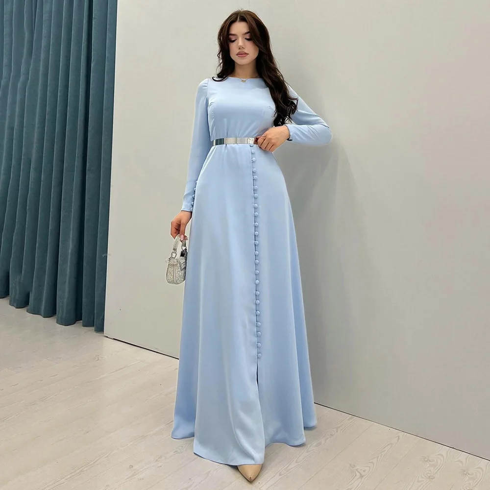 

Long Sleeve Romantic Evening Dresses for Women A-line Button Round Neck Prom Gown Vintage Formal Dress فساتين السهرة