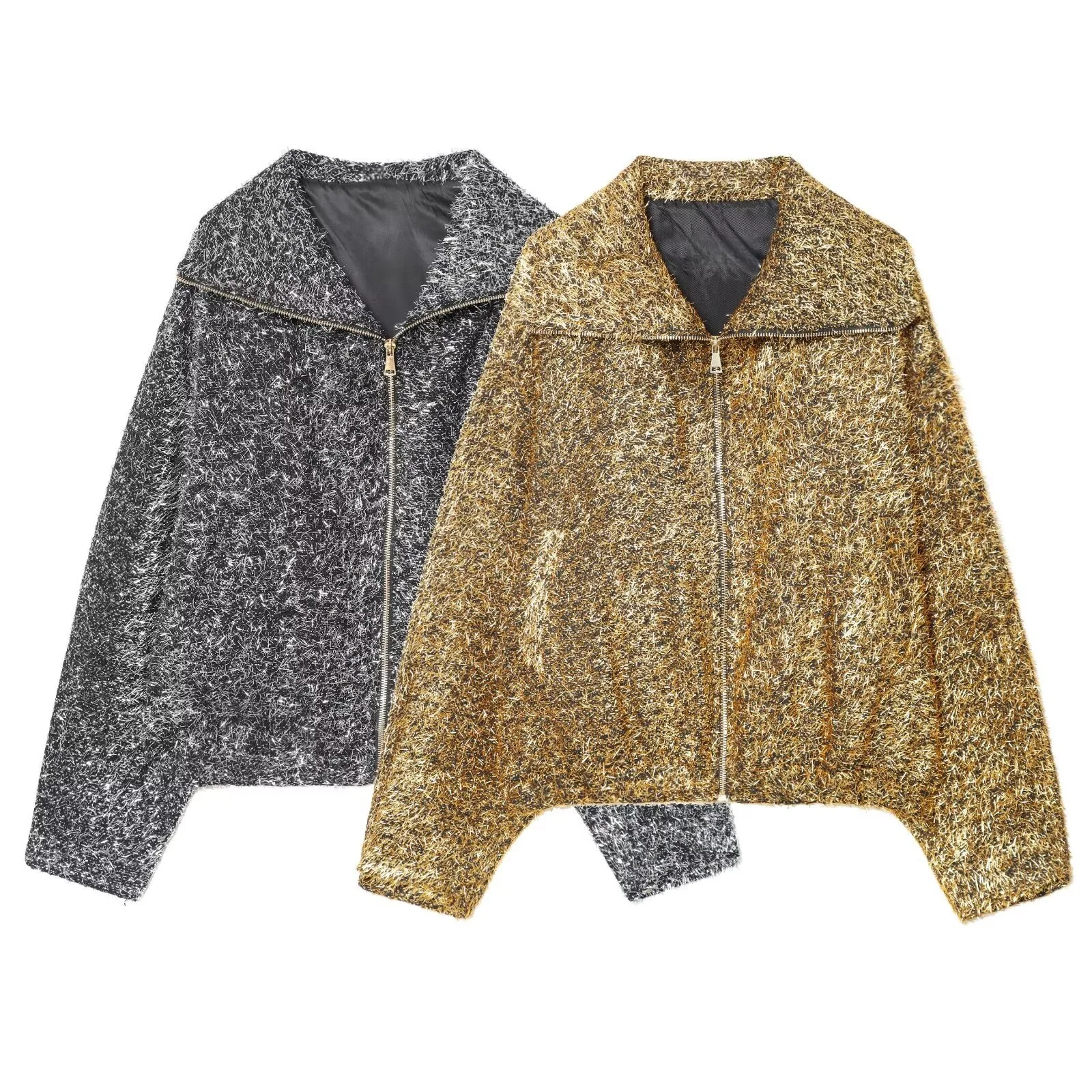 

2025 Winter New Women's Casual Fashionable Versatile Commuter Style Metallic Thread Bomber Jacket with Lapel Long Sleeve