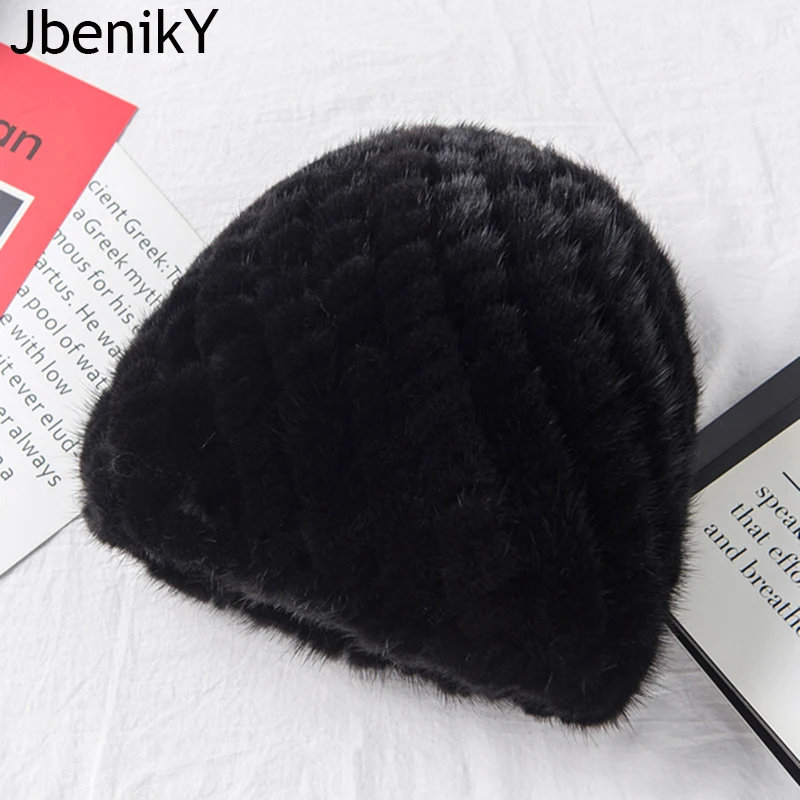 

Real Natural Mink Hats for Women Winter Knitting Ear Warm Two-color Match Cap Cross-weave With New Fashion fur hat