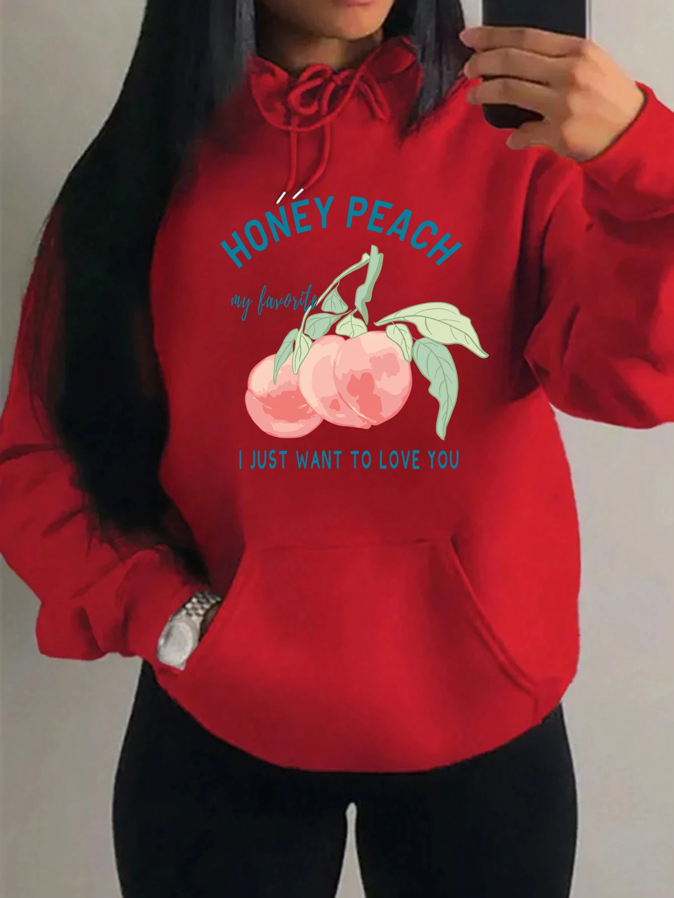 Honey Peach I Just Want To Love You Illustration Print Hoody Women Hip Hop Soft Hoodies Fashion Loose Clothes Vintage Pocket Top