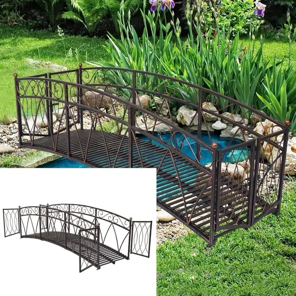 Kinbor Ponte da giardino in metallo - Ponti ad arco da giardino da 8 piedi per esterni con guide laterali e cancello di sicurezza, ponte per laghetto incatenato per esterni