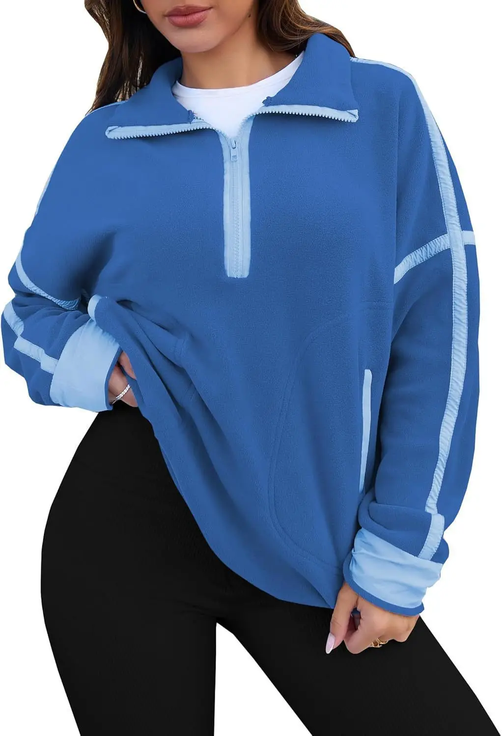 

Autumn Casual Sweatshirts For Women Fashion New Half High Collar Zipper Long Sleeve Pocket Splicing Top Loose Warm Pullover