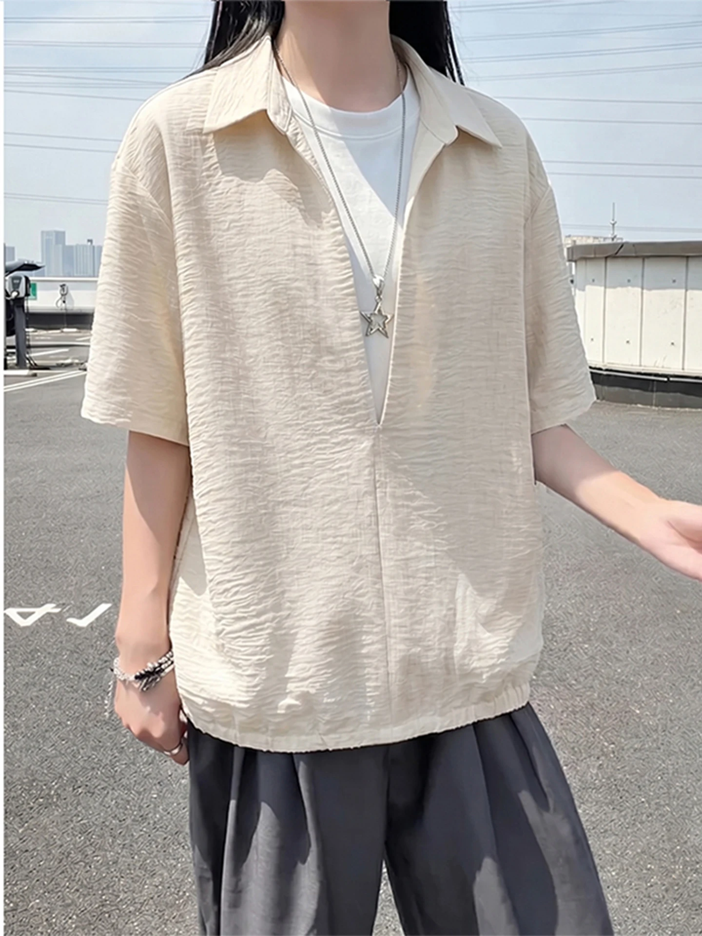 

Cleanfit Ice Silk V-Neck Short Sleeve Shirt Men's Summer Loose Fit Texture Sensation Fake Two-Piece Style Cool Feeling Shirt