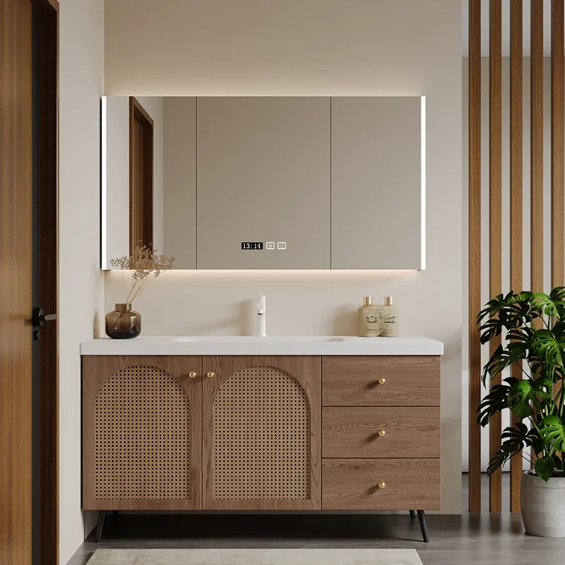 Corian integrated basin rubber wood paint-free walnut rattan floor-to-ceiling bathroom cabinet