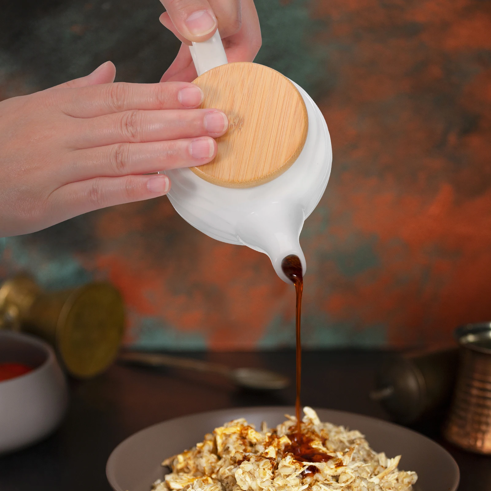 

Керамический кувшин для соуса премиум-класса, кухонная банка для приправ для масла, уксуса, соевого соуса, сервировочная миска, горшок для приправ, бамбуковая крышка