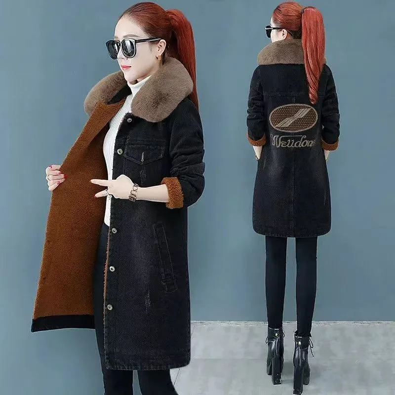 Fur-necked Denim Coat Female Plus Velvet Thickening Long Denim Clothes Autumn And Winter In 2024 Cotton-padded Warm Trench Coat