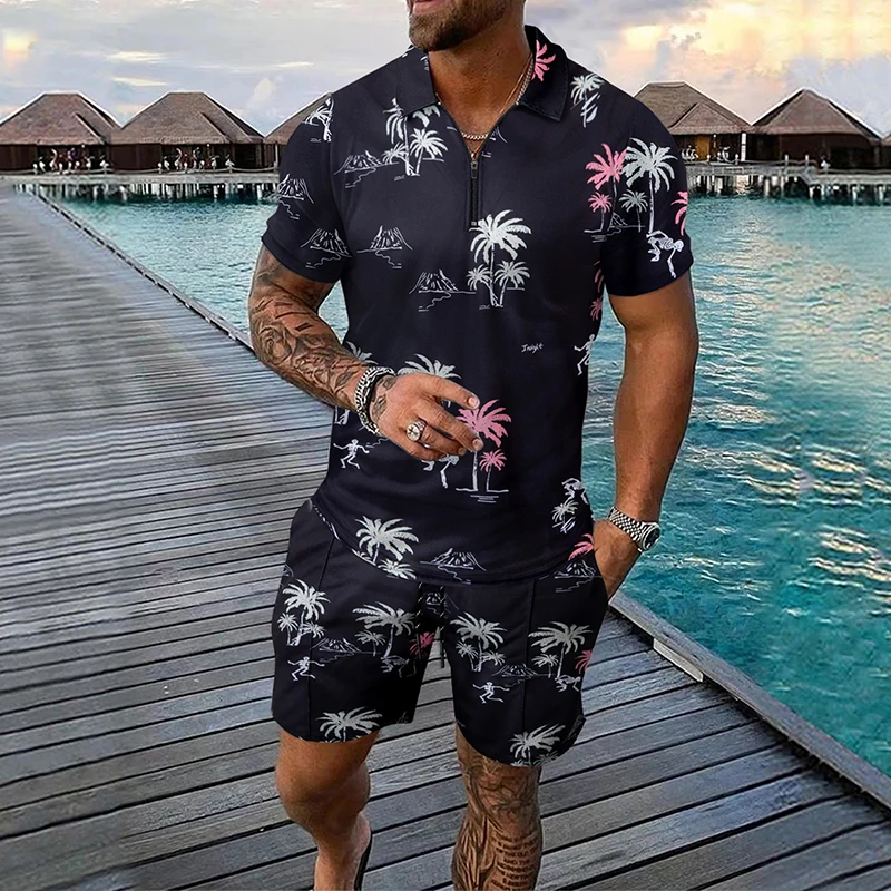 Beach Casual Pattern Print Two Piece Suits Mens Summer Fashion Lapel Short Sleeve Polo Shirt And Shorts Outfits Men Leisure Sets