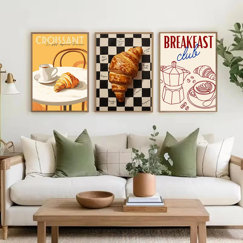 Retro Style Croissant & Coffee French Breakfast Kitchen Food Poster Canvas Painting Wall Art Pictures Home Restaurant Café Decor