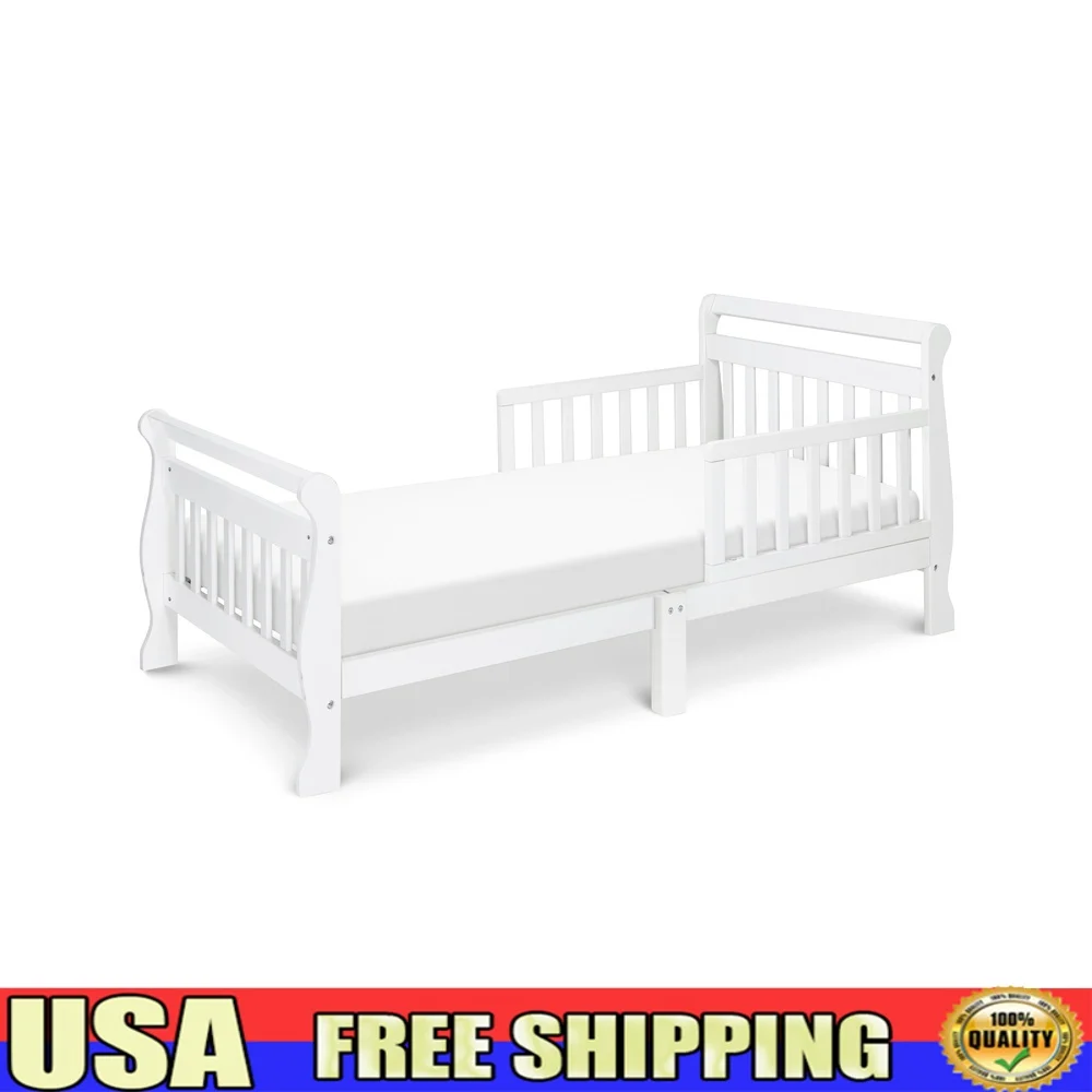 Sleigh Toddler Bed Low Height Safety Rails Solid Pine Wood Mattress Compatible Ideal Transitioning from Crib