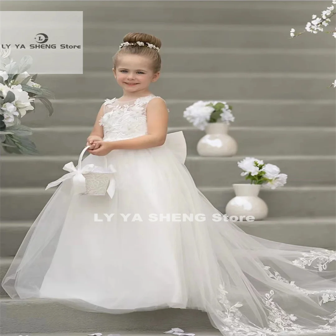 

White Tulle Puffu Lace Applique Sleeveless With Bow Flower Girl Dress For Wedding Elegant Birthday Party First Communion Gown