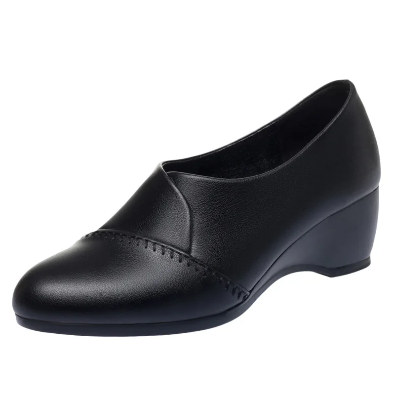5cm All Match Breathable Comfortable Wedges Shoes Med Heels 2026 Spring Soft Leather Shoes Platform Black for Office Mom Daily