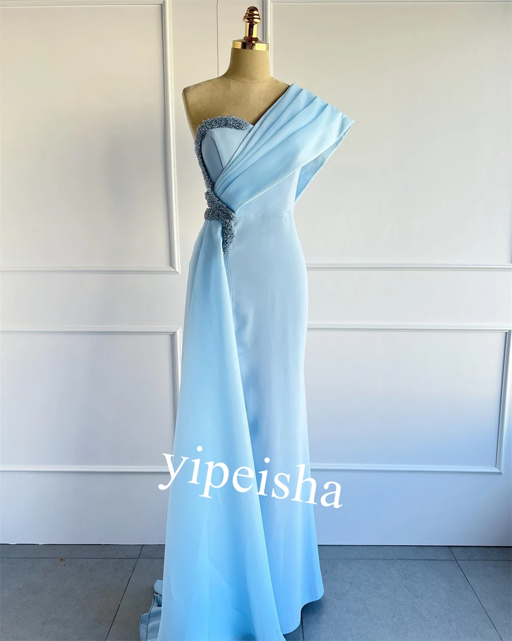 Jersey Pleat Beading Valentine's Day Straight One-shoulder Bespoke Occasion Gown Long Dresses