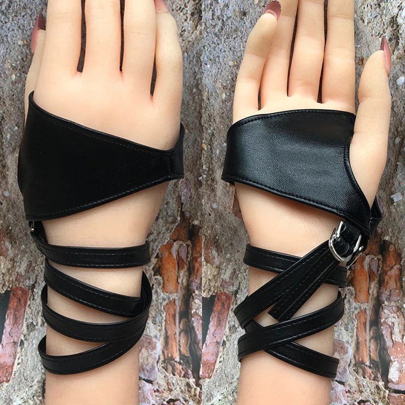 Gothic Lolita Women Gloves Sexy Non-Slip Palm Belt Up Leather Half Finger Gloves Lady Club Dacing Gloves Cosplay Bandage Black