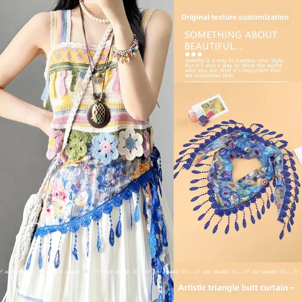 Boho Fringe Lace Scarf Belt, Floral Print Waist Wrap for Dress Jeans, Layering Slimming Hip Scarf