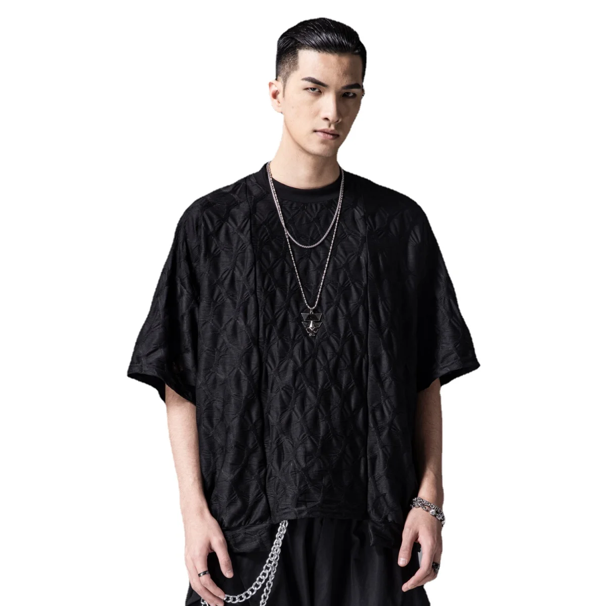 Free shipping New Men's Male Loose dark texture jacquard round neck drop shoulder half-sleeve casual short-sleeve BC211111108