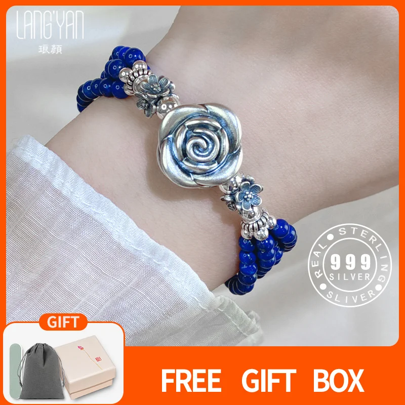 

Langyan 999 Pure Silver Rose Bracelet Chinese Style Natural Lapis Lazuli Beads Multi-layer Bracelet Fashion Accessory SL196