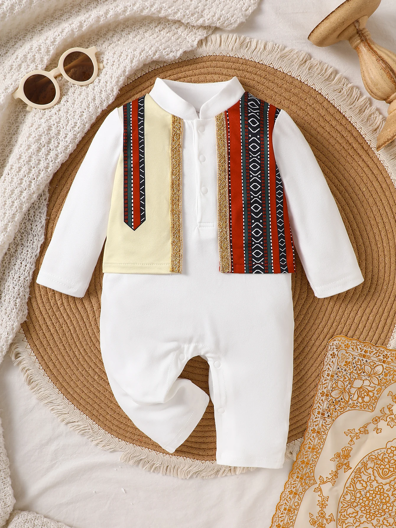 IURNXB Baby One Piece Romper Long Sleeve Faux Vest Ethnic Print Jumpsuit Cosplay Infant Bodysuit Casual Outfit for Boys 1-18M
