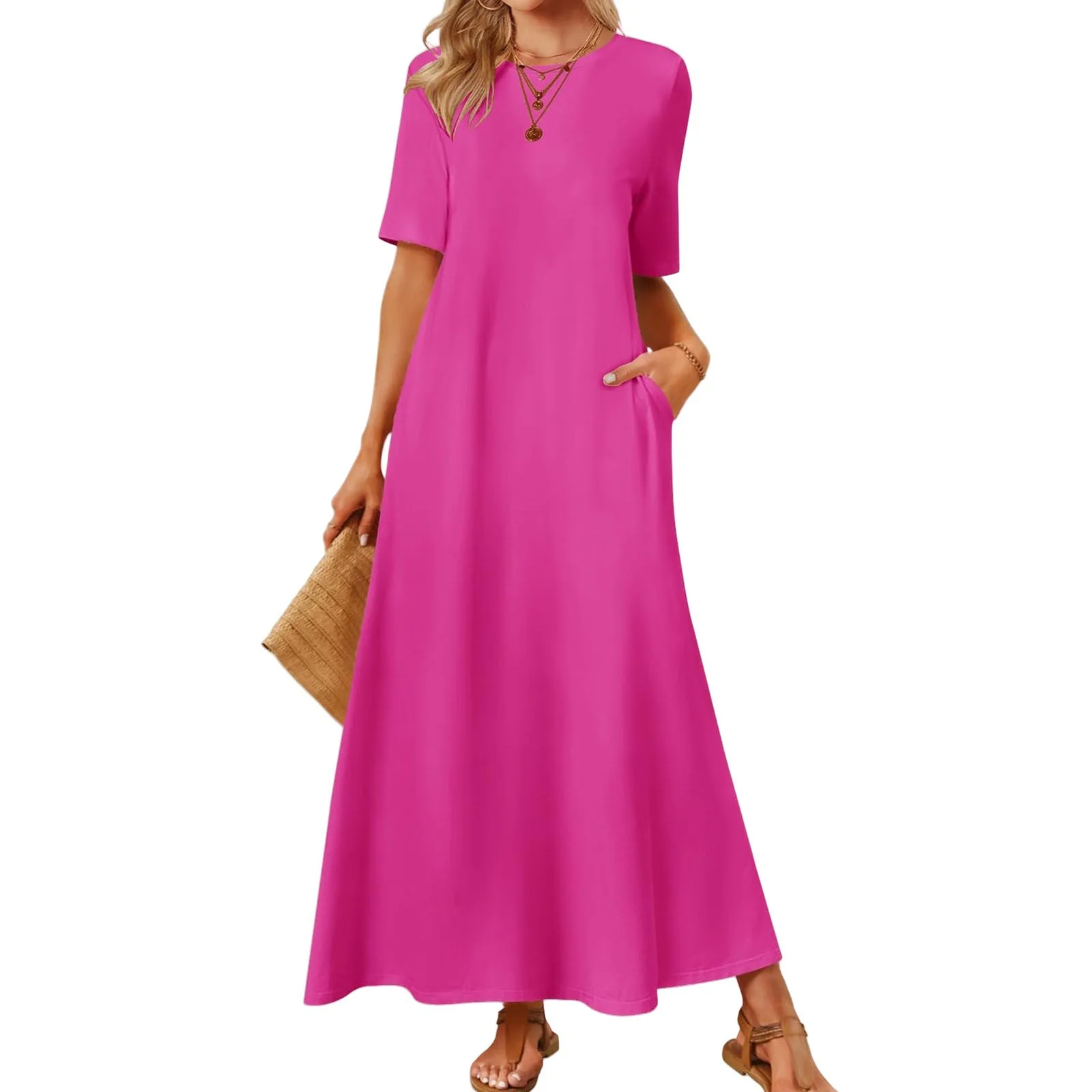 Women's 2025 Summer T Shirt Dress Short Sleeve Crewneck Maxi Dress With Pockets Casual Solid Color Swing A Line Long Dresses