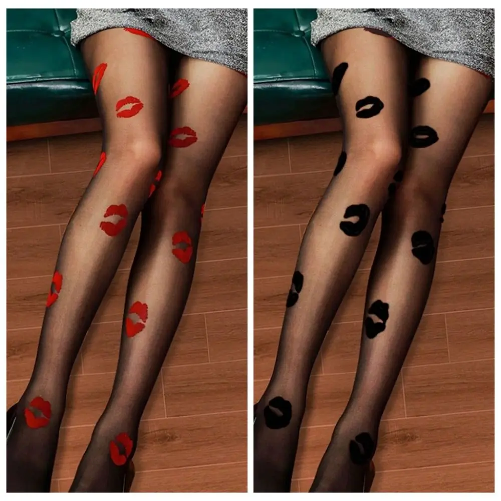 Pantyhose cetak bibir transparan, Pantyhose sutra tanpa jahitan jala elastis sangat tipis gaya perempuan pedas pakaian jalanan