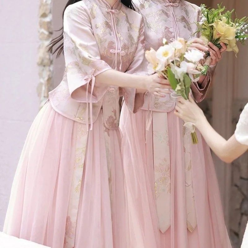 Bridesmaid Clothes Chinese Style 2025 Autumn Winter Women New National Style Dress Small Cheongsam Sister Group Bridesmaid Skirt