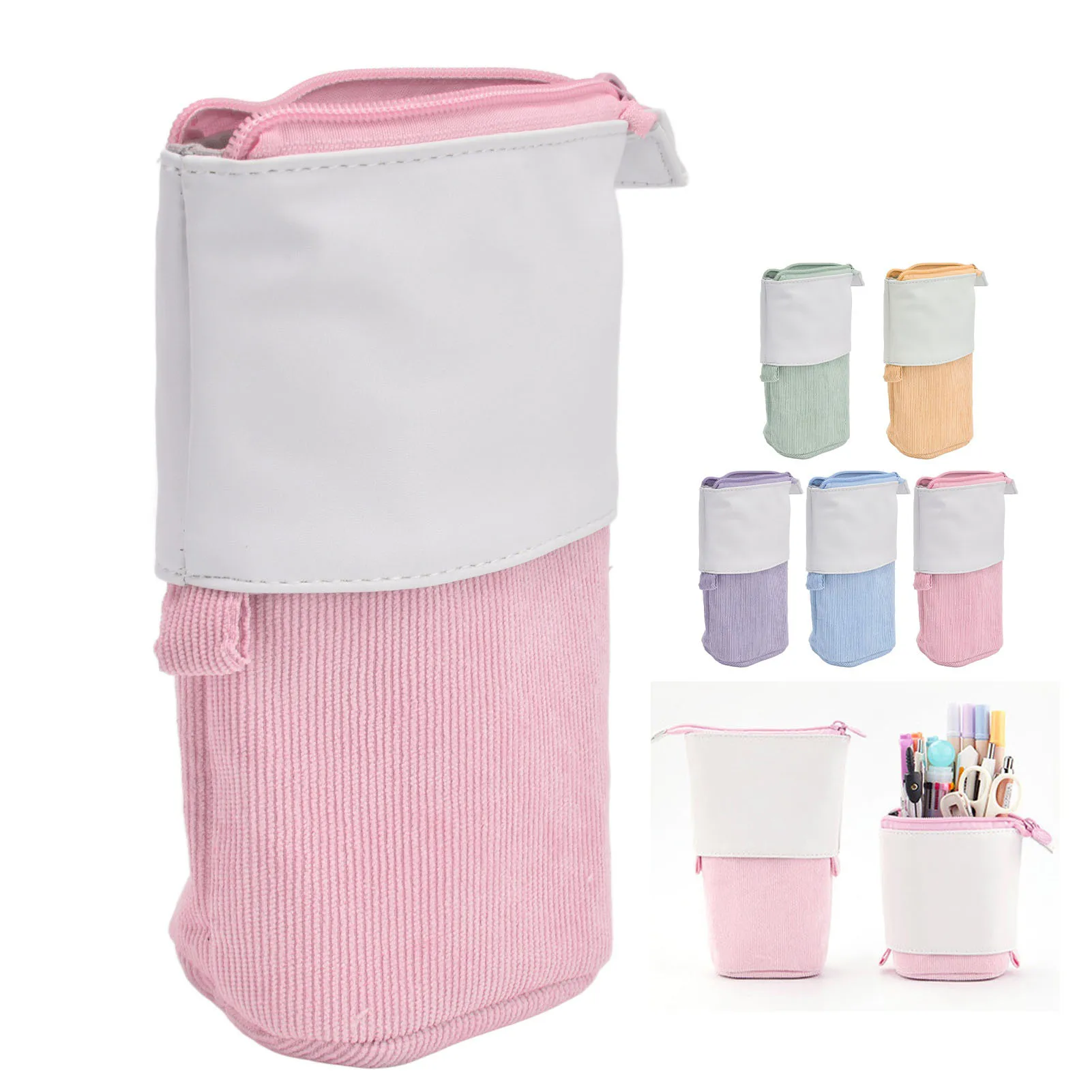 

Portable Cute Telescopic Pen Holder Pencil Case PU Corduroy Stand Up Makeup Bag for School Office Women Students Teens