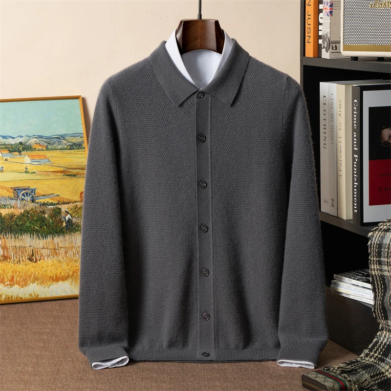 

100% Pure Cashmere Sweater Polo Collar Men's Cardigan Twelve-Needle Honeycomb Knitwear Casual Base Solid Color Sweater