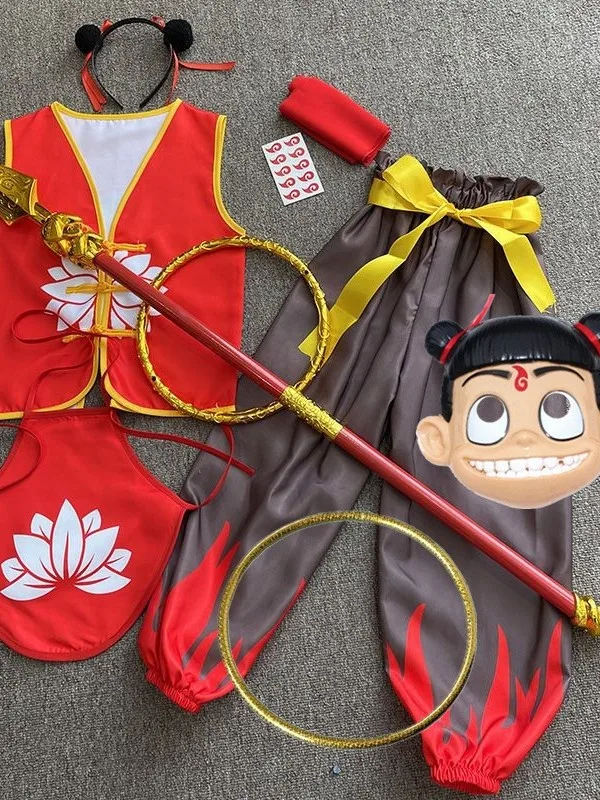 ชุดคอสเพลย์ ZhaTa อุปกรณ์ประกอบการเต้นรำ ชุดฮาโลวีนสำหรับเด็กอนุบาล ชุดเต็มรูปแบบ ซึ่งเป็นชุดฮีโร่ในตำนานจีน