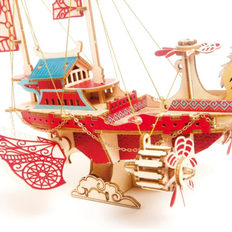 DIY Fantasy Airship 3D Puzzles Model Wooden Puzzle Toy Model Building Block Kits Jigsaw DIY Assembly Toy