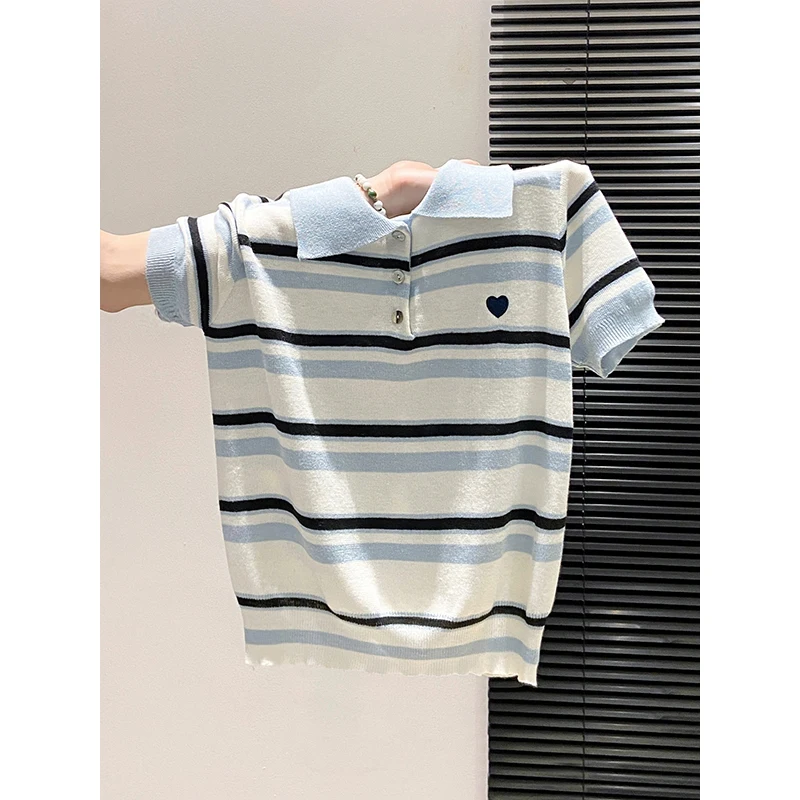 Striped Knitted Shirt for Women, New Summer Style, Color-blocking  Patchwork, With Heart Embroidery, Slim-Fitting Short-sleeved