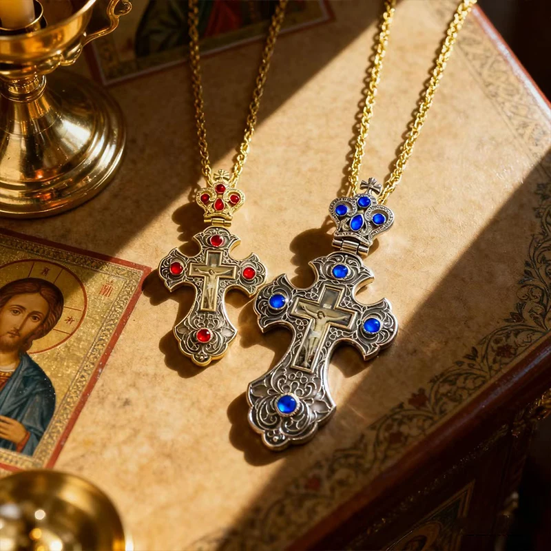 Neue 2026 Luxus-Emaille-Orthodoxe-Kreuz-Halskette mit rotem Kristall & vergoldetem Kruzifix-Ikonen-Schmuck für Priester, Liturgie & Sakramente – Detail 15