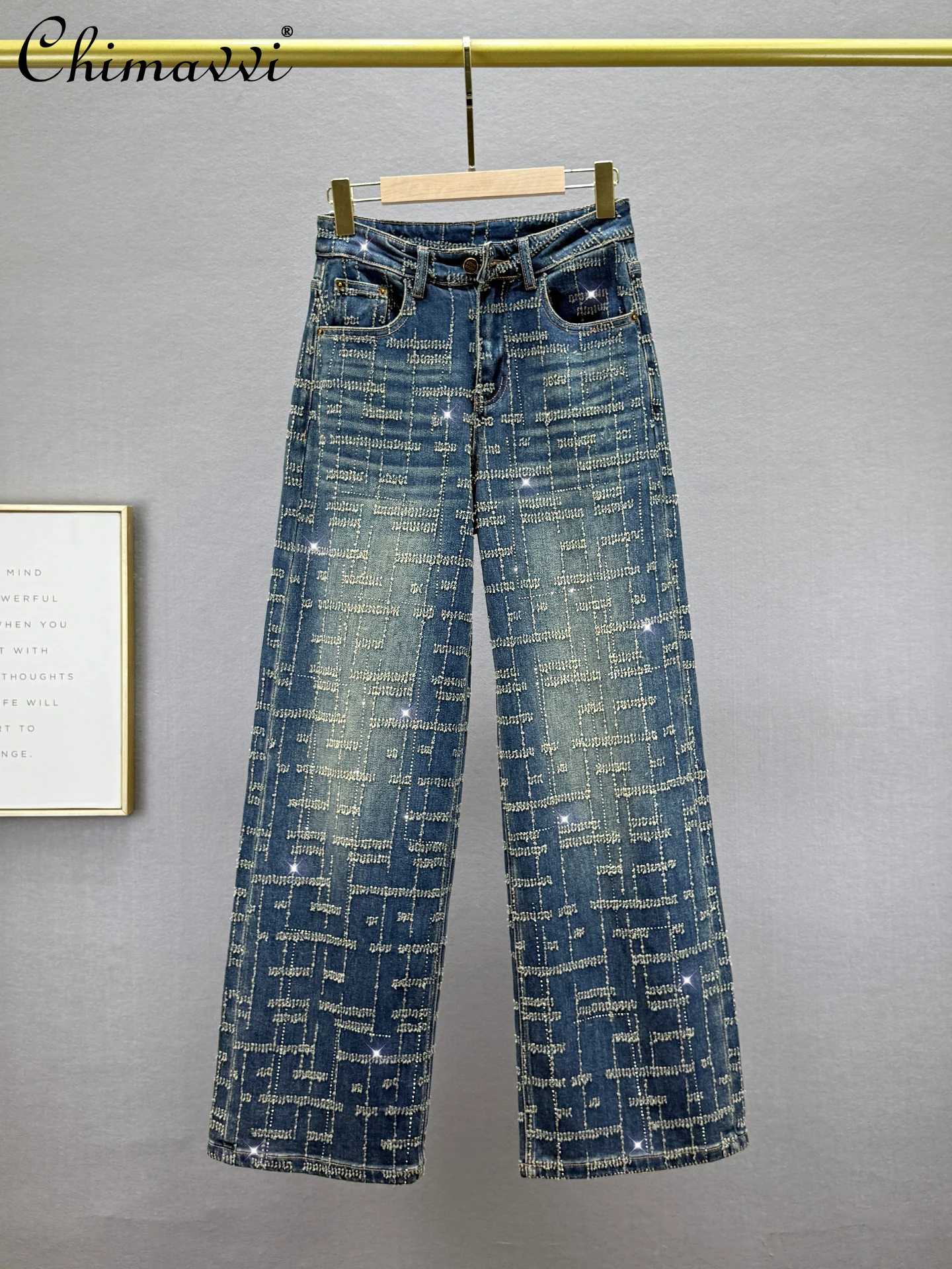 

Тяжелые жаккардовые джинсы со стразами для женщин, удлиненная длина, осень 2023, новые свободные утягивающие широкие брюки с высокой талией в стиле ретро