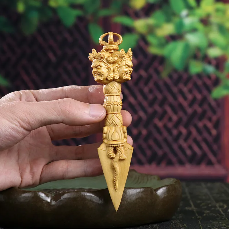 Boxwood Carved Phurba Vajra Pestle Tibetan Ritual Implement Hand Piece Home Desktop Wood-carving Decor Ornament