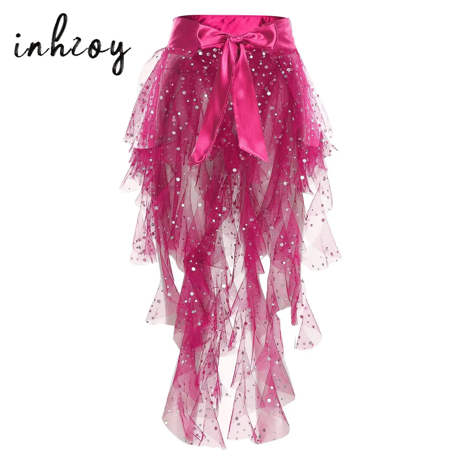 

Women's Belly Dance Hip Scarf Cascading Ruffles Sequins Tulle Tiered Split Hem Satin Belt Skirt Chacha Latin Tango Dance Costume