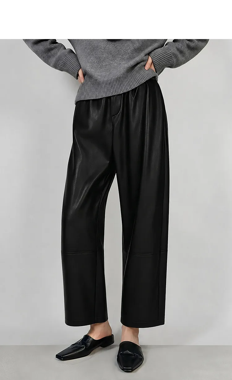 Amii Women Wide Leg Pants Mid Rise Elastic Waist Ankle Length Solid 2026 Autumn Commute Loose Casual Woman PU Trousers 12643003