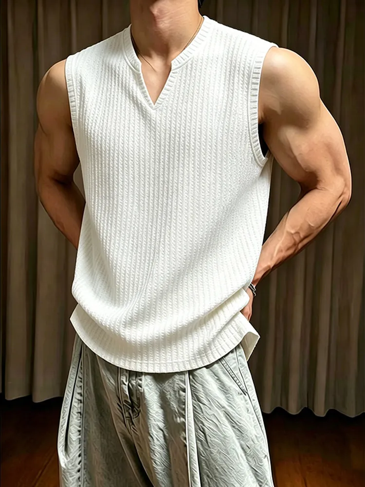 White Ice Silk V-Neck Vest Men's Summer Thin Quick Dry Sports Fitness Shoulderless Sleeveless T-Shirt Loose Fit Casual Style