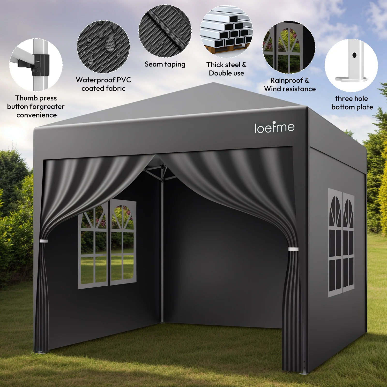 LOEFME Outdoor Pop Up Gazebo Garden Waterproof Canopy Outdoor Tent 4-Sided Cloth Sun Protection Camping Shelter 2.5x2.5M Awning