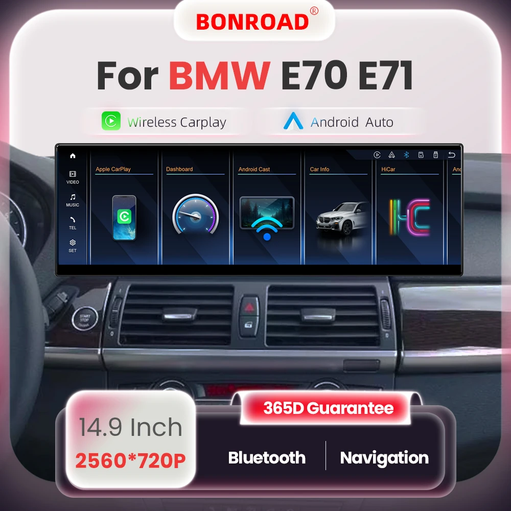 BONROAD Autoradio Linux da 14,9 pollici con CarPlay Wireless e Android Auto per BMW X5 E70 X6 E71, Navigazione GPS con Mirror Link e Schermo Touch 2560*720P