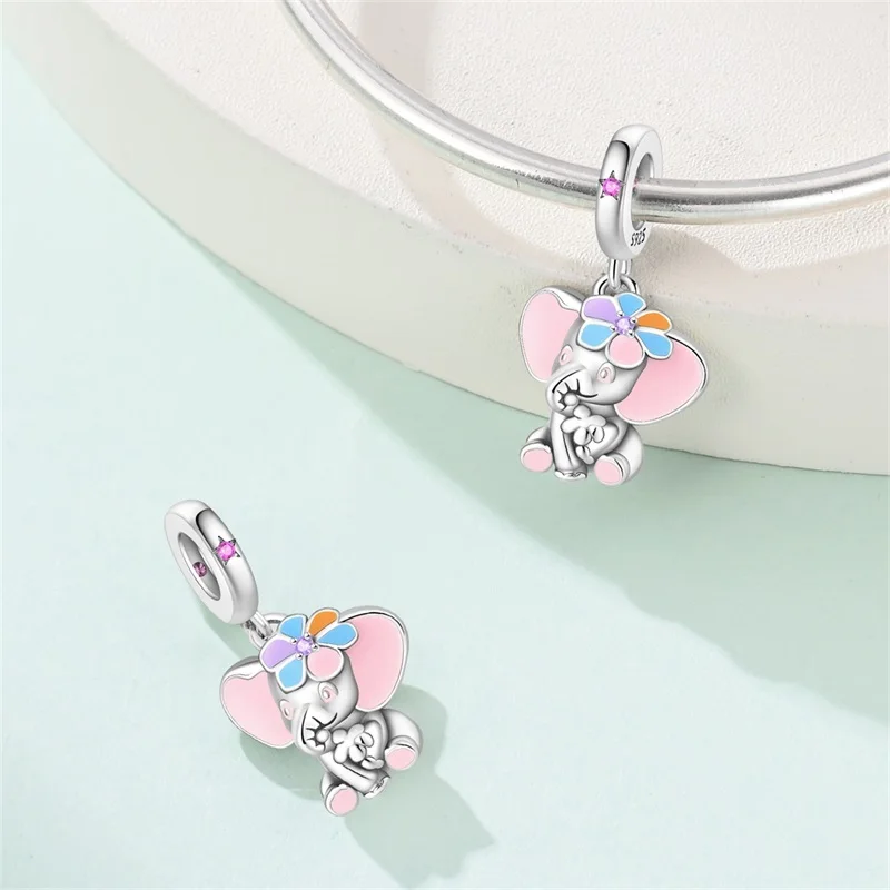 

925 Sterling Silver Sending Flower Pink Elephant Charms Pendant Fit 3mm Original Bracelet DIY Women Exquisite Date Jewelry Gift