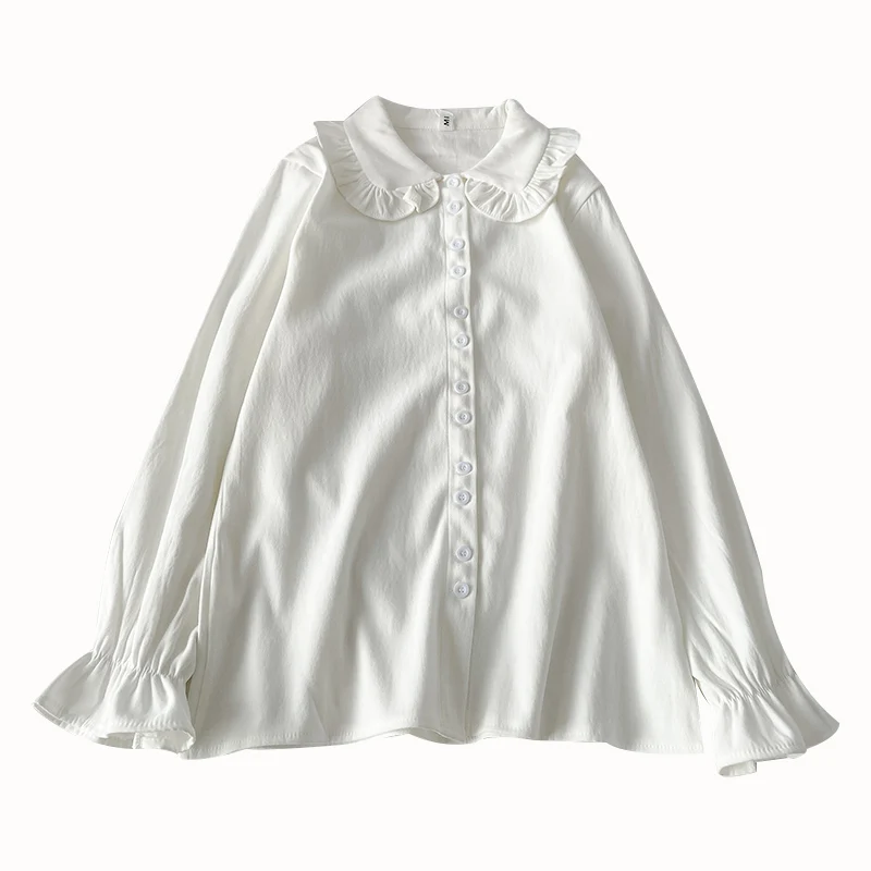 Blusa de estilo coreano para mujer, camisa informal con manga de pétalo y cuello Peter Pan, color blanco, para Primavera, 18 a 24 años