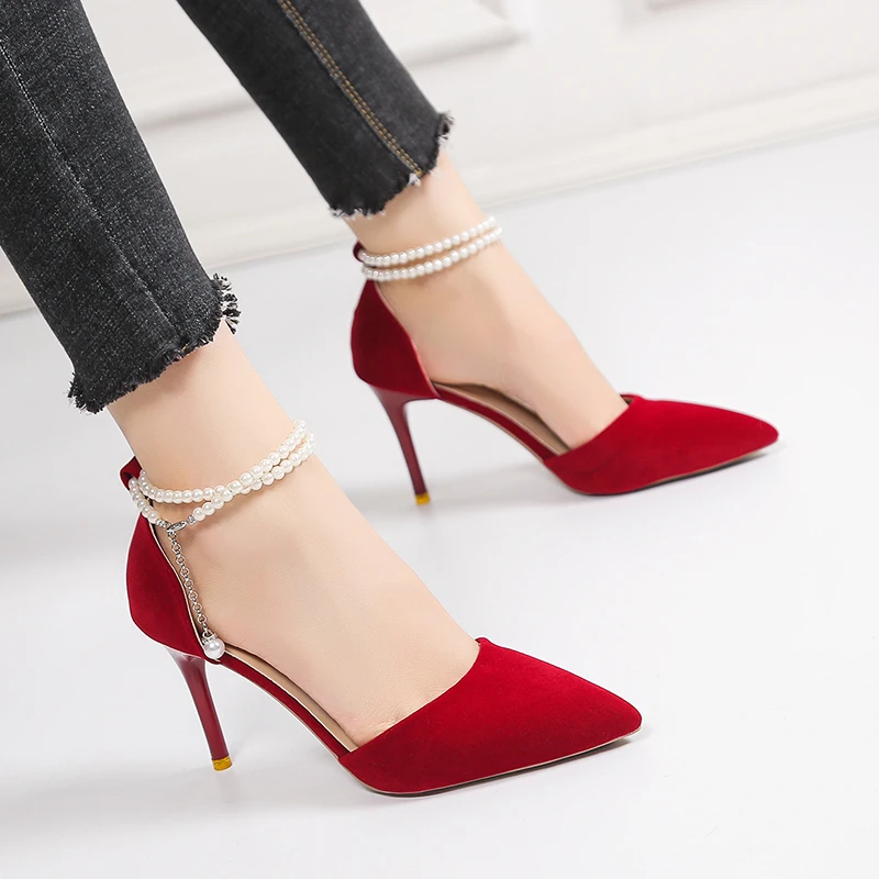 Women Sandals Pointed Toe High Heel Wedding Shoes Women Elegant Pearl Chain Red Pumps Women Autumn Trend Luxury Dress Shoes