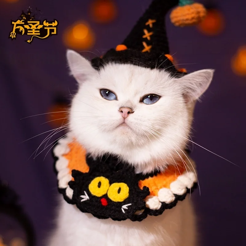 

Halloween pet hat collar suit, cat and dog saliva hat decoration, black cat ghost decoration hand-knitted yarn funny outfit