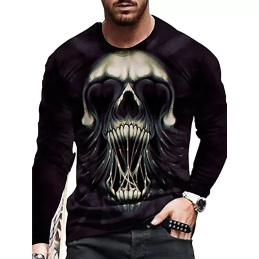 Men Spring And Autumn Each Individual Horror Skull Pattern 3d Printed O-Collar Long Sleeve Loose Vintage Printed T-Shirt Top