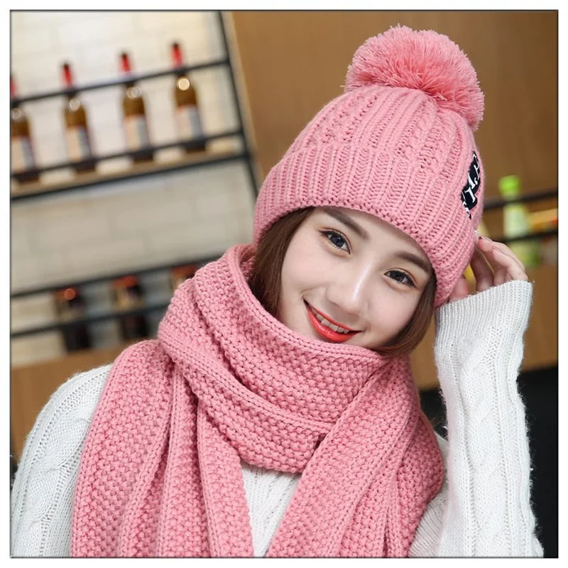 Winter Knitted Scarf Hat Set Thick Warm Skullies Beanies Hats for Women Outdoor Cycling Riding Ski Bonnet Caps Scarf