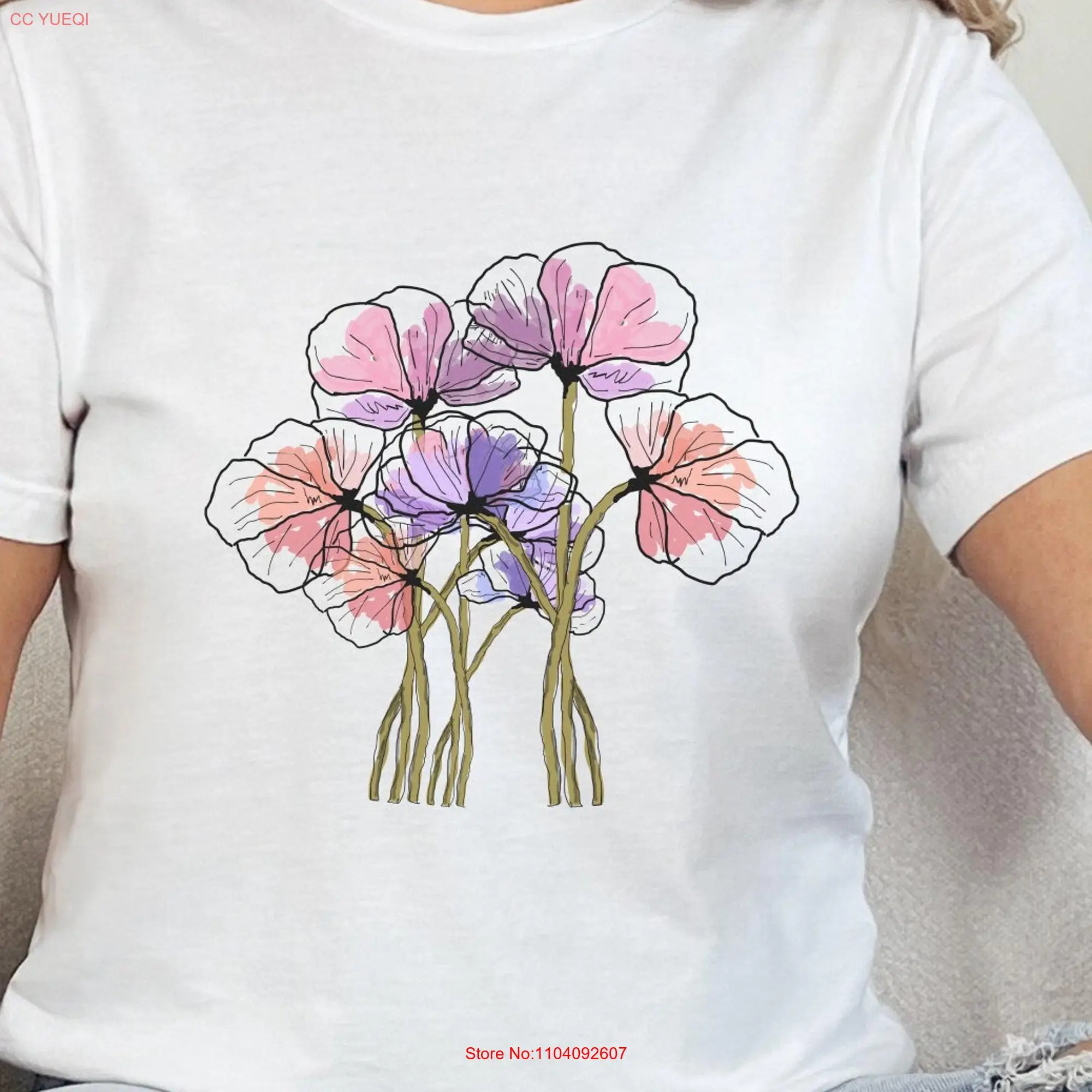 Pink and Purple Floral T Shirt Hand Drawn Flower Bouquet on Canvas Boho Wildflower 8 Color Choices  long or short sleeves