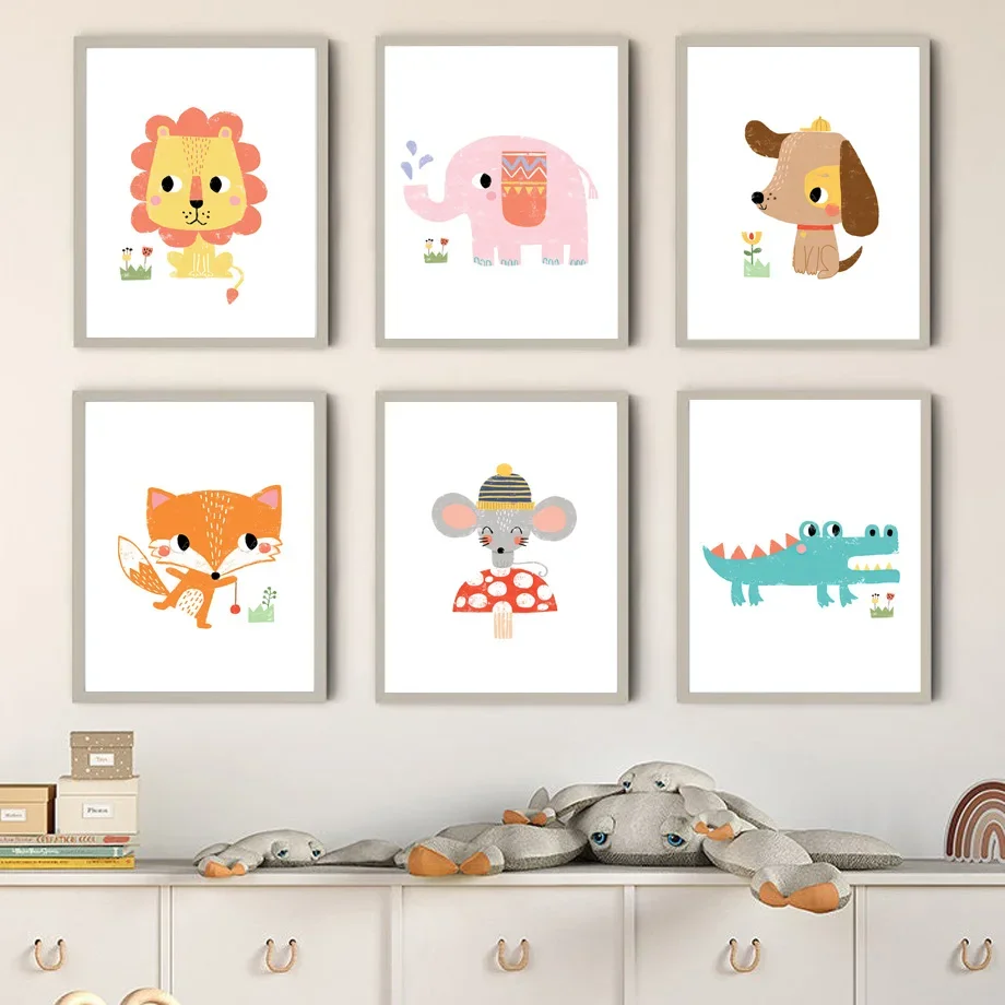Multiple sizes 1pc frameless Canvas Painting,1pc frameless Canvas Painting Cartoon Baby Animal Nursery Wall Art Prints Cute Colo