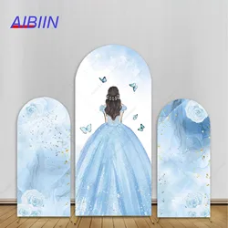 AIBIIN Arch Backdrop Cover Quinceanera 15th Girl Birthday Party Decor Background Blue Princess Butterfly Flower Cake Photozone