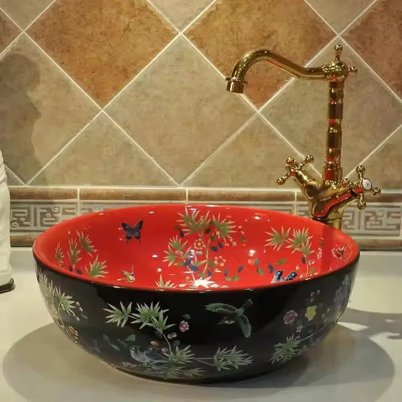 Handmade round colorful flower and bird pattern bathroom sink countertop wash basin