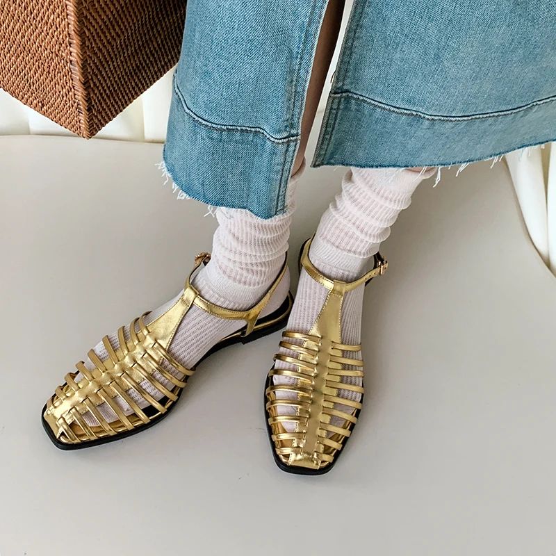 Summer Sandals Retro Ladies Gold Silver Shoes Spring Vintage Roman Gladiator Shoes Narrow Band Women Sandals On Flat Heel